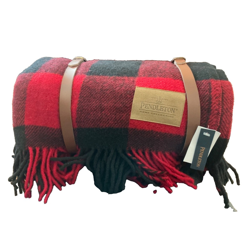 Pendleton Wool Blanket Leather Carrier Red & Black Motor Robe Fringed Luxury NEW